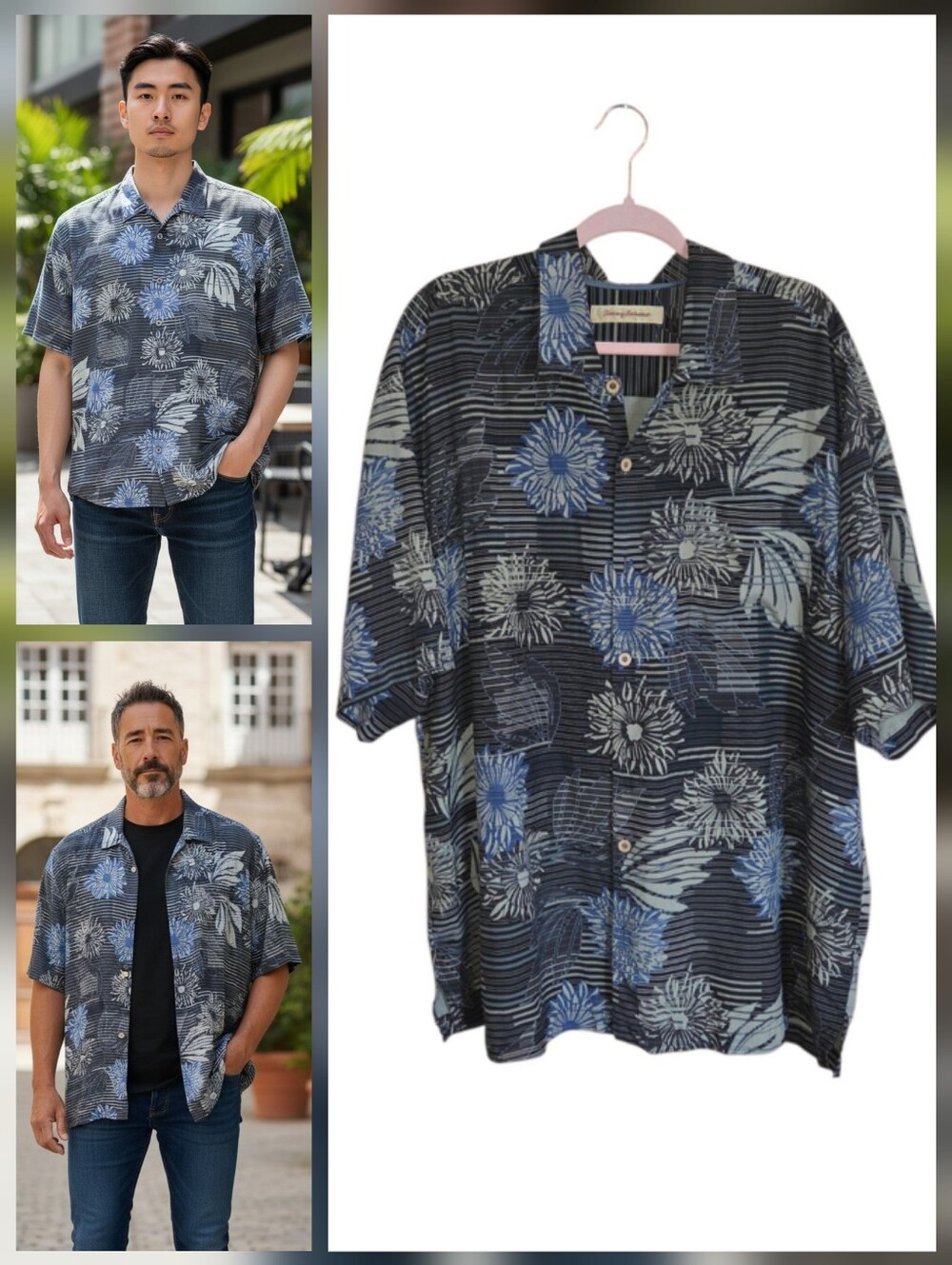 TOMMY BAHAMA Shirt Size XXL 2X Mens Leafy Floral 100% Silk Hawaiian Camp Blue